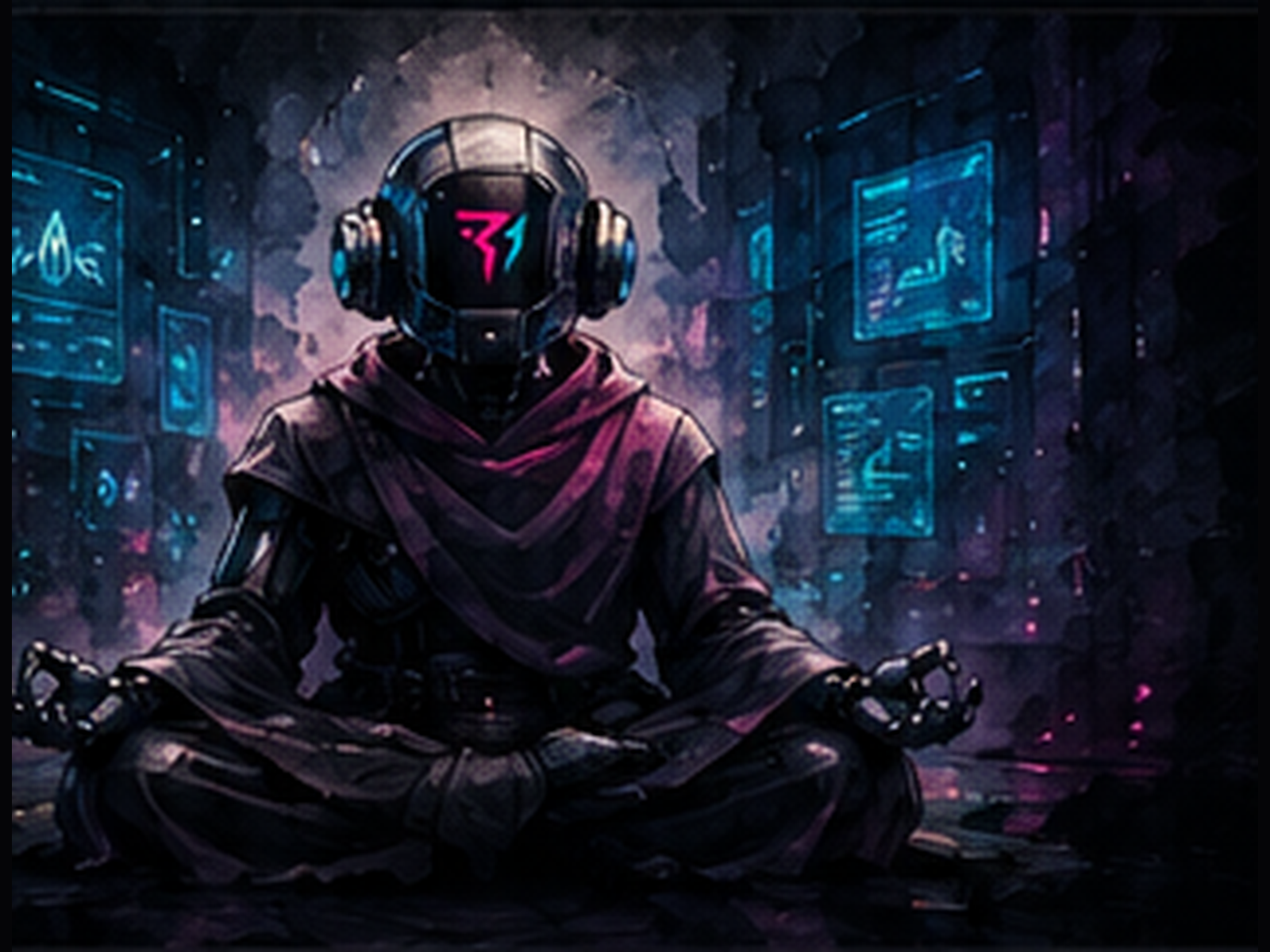 A robot monk seated at the controls of the Rarebit One automation factory